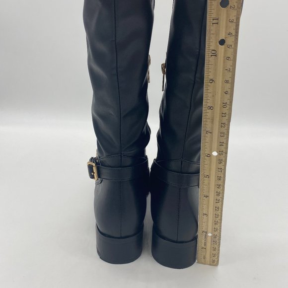 Black Round Toe Pull On Studs Low Stacked Heel Knee High Boots - Picture 6 of 10